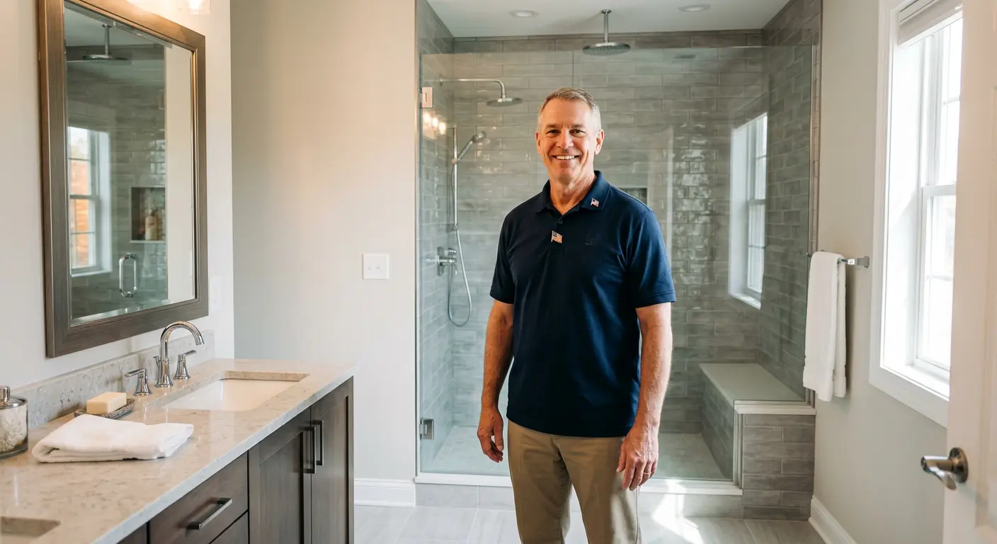 Proud veteran standing in his newly remodeled bathroom
